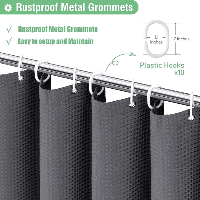 Dynamene Stall Fabric Shower Curtain, 60 x 84 inch Long Waffle Weave Weighted Thick Cloth Shower Curtain for Bathroom, Neutral Heavy Duty Hotel Spa Luxury Bath Curtain Set with 10 Hook, Charcoal Grey