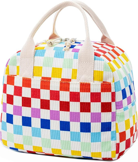 LOVELYWIND Insulated Lunch Bag for Women Men, Stylish Corduroy Tote Bag with Aluminum Lining, Large Capacity Reusable Cooler for Work, Travel, or Beach, Rainbow Plaid Lunch Box