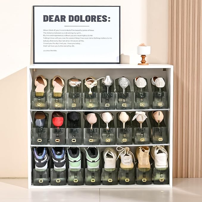 Shoe Slots Organizer,Adjustable Shoe Rack with Three Levels,Shoe stackers for a Pair of Shoes (Green Clear, 12Pack)