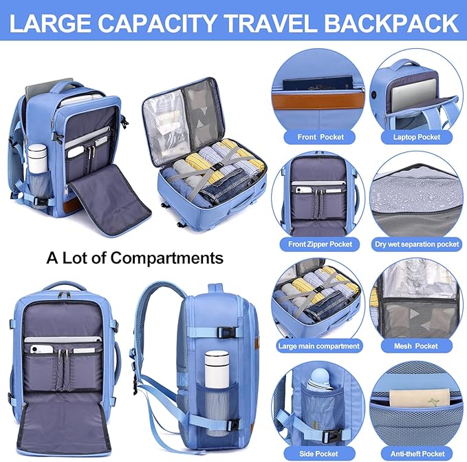 Travel Laptop Backpack for Men Women Airline Approved Carry On Backpack with Shoe Pouch,TSA 15.6inch Laptop Mochila Flight Approved Personal Item Bag for Weekender Bookbag Travel Essentials,Blue