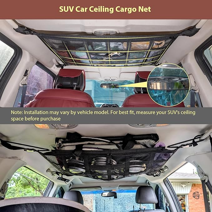 Upgrade Car Ceiling Cargo Net Pocket,31.5"x21.6" Double-Layer Roof Storage Organizer,Overhead Net for Truck,SUV & Van Camping,Travel Road Trips,Van Life Essentials