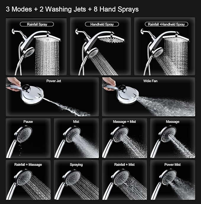 BOZYBO Rain Shower Head with Handheld: High Pressure Shower Heads with Handheld Spray Combo, 12" Rainfall Shower Head and 9 Sprays Hand Showerheads with Magnetic Docking and Power Jets, Chrome 2.5GPM