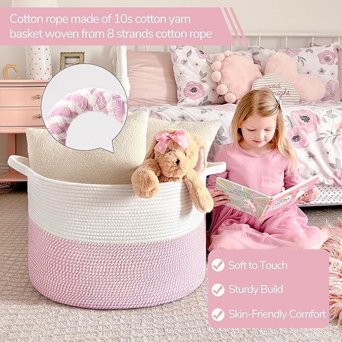 INDRESSME XXXLarge Storage Basket with Handle, Pink Laundry Basket for Nursery Stuffed Animal Storage, Baby Baskets Kids Toy Organizer, 21.7" x 21.7" x 13.8", Pink