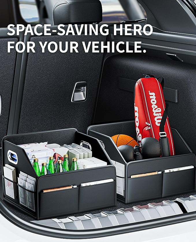 Car Storage Basket, Foldable with Removable Dividers, PU Leather Seat Organizer with Metal Handle, Non-Slip Stable Design, Passenger Front Seat Storage for Back Seat & Floor, 12.6 Inches