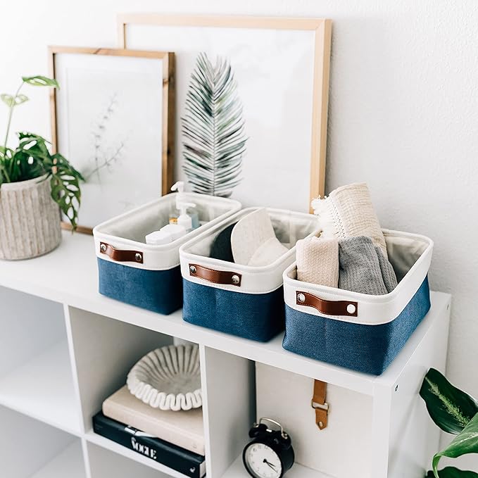 OrganiHaus Small Fabric Storage Baskets 3 Pack, 12x8in Cloth Storage Bins for Shelves, Small Baskets for Organizing Bathroom Pantry Closet, Canvas Shelf Baskets, Navy Blue/Off-White