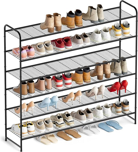 AOODA Long 6 Tier Metal Shoe Rack for Closet Wide Stackable Shoe Storage Organizer for Entryway, Bedroom, Floor, 42-Pairs Men Sneakers Shoe Shelf with Wire Grid, Black