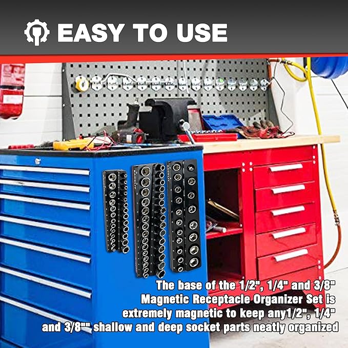 EACELIY 3Pcs 1/2", 1/4" and 3/8" Magnetic Socket Organizer Set,Metric Socket Holder Kit, Socket Trays，holds 75 Deep and Shallow 3/8" Sockets(sockets not included)