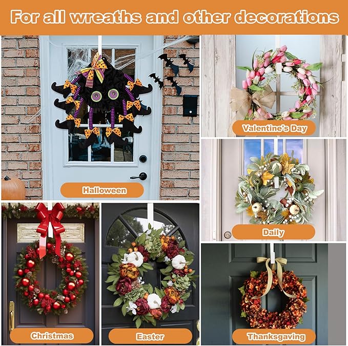 PECULA 4 Pack 14” Wreath Hangers for Front Door, Wreath Door Hanger 40lb Load-Bearing, Metal Wreath Hanger for Welcome Sign, Door Wreath Hanger for Halloween, Easter, Christmas Decorations (White)
