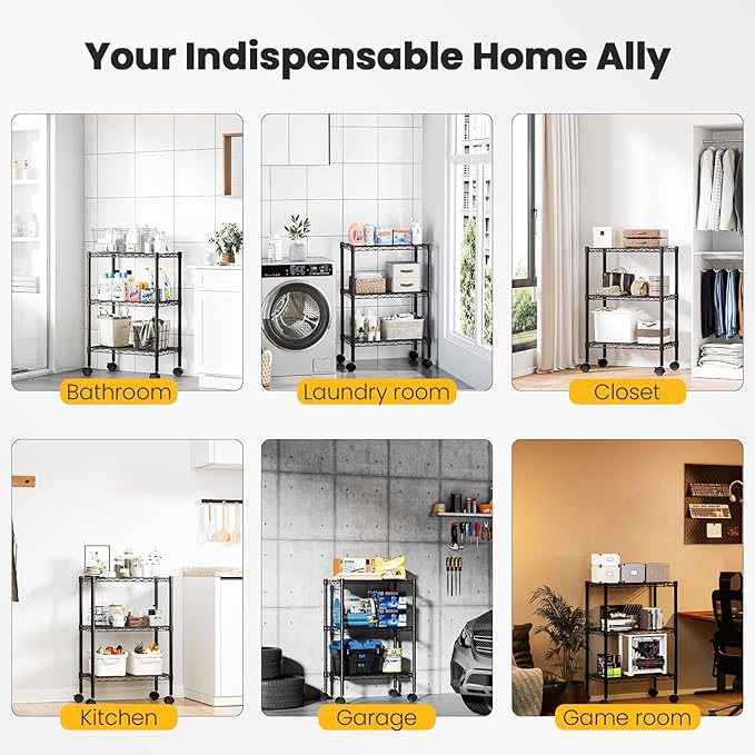 DUMOS 3-Tier Metal Wire Storage Shelves, Adjustable Standing Storage Rack Shelf with Wheels, Heavy Duty Steel Shelving Unit Organizers for Kitchen Bathroom Pantry Garage, 23.1"W×13.4"D×30.2"H, Black