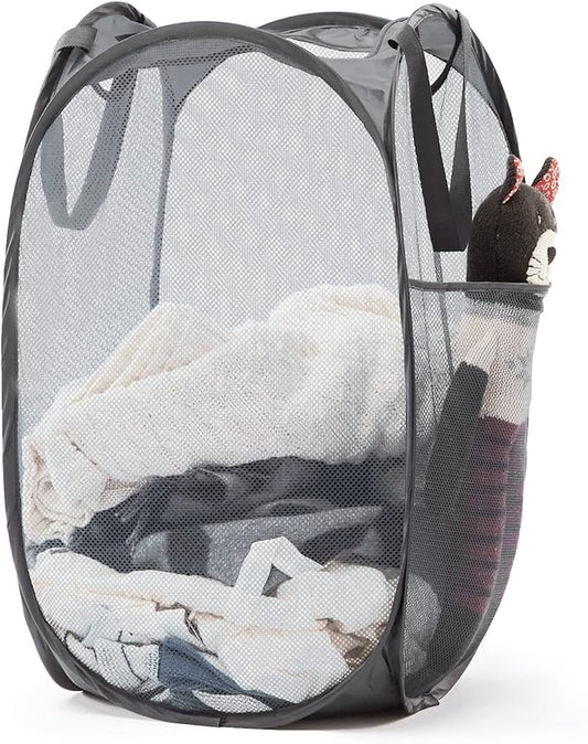 TECHMILLY Collapsible Mesh Pop Up Laundry Hamper with Sturdy Handles and Side Pocket - Portable Foldable Clothes Baskets for Dorm, Bathroom & Travel Storage (Grey)