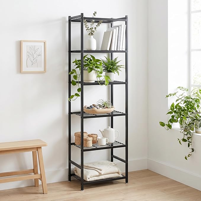 Small Storage Shelves, 6-Tier Metal Shelving Unit with Adjustable Feet, Compact Shelf Organizer for Garage, Kitchen, Pantry and Closet Organization, 17.7" x 11.8" x 68.9", Black