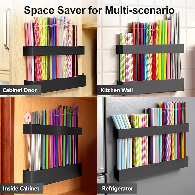 9.5” Large Acrylic Straw Holder for Cabinet Door, Reusable Adjustable Two-Part Straws Organizer with Ultra Sticky Adhesive Strips, 2026 Straw Storage for Kitchen Cupboard