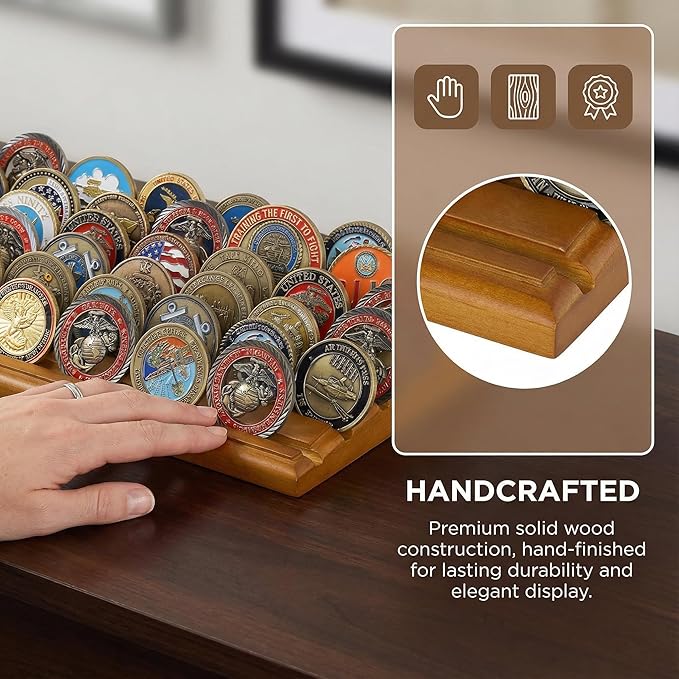 DisplayGifts Challenge Coin Display Stand, 6 Row Wooden Holder Rack Case Holds 42 Coins (Light Walnut Finish - 6 Rows)