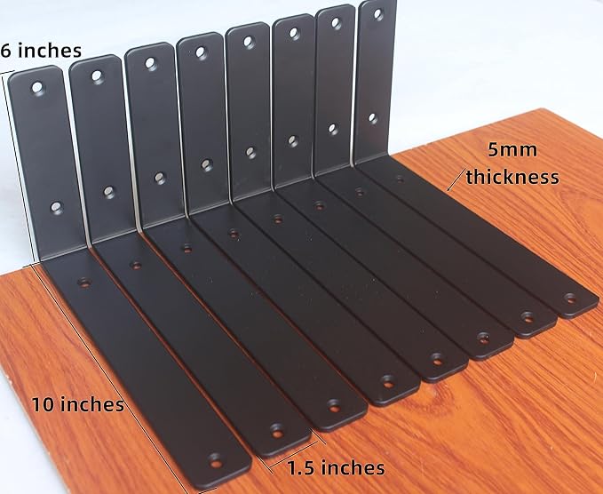 8 Pack - L 10" x H 6" x W1.5, 5mm Thick Black L Shelf Bracket, Iron Shelf Brackets, Metal Shelf Brackets, Floating Shelf, Shelf Supports with Screws