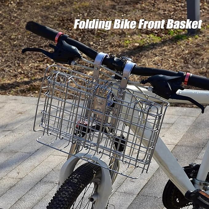 Folding Bike Front Basket Bicycle Wire Basket with Handles Easy Installation on Front Handlebar