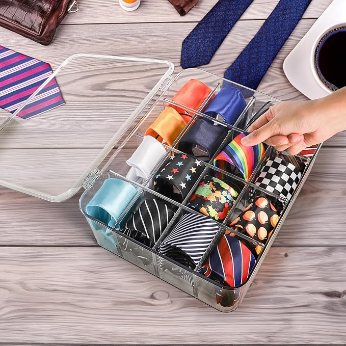 Adjustable Sock Underwear Drawer Organizer Dividers, 16 Grid Clear Tea Bag Holder with Lid, Removable Divided Tie Organizer Box, Plastic Storage Bin for Scarves Bras