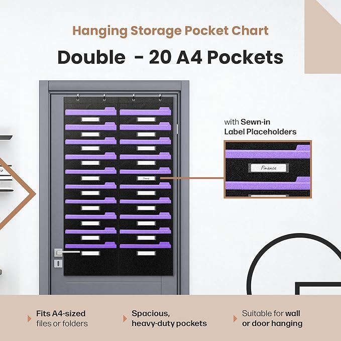 Hippo Creation Heavy Duty Storage Pocket Chart for Classroom, 20 Pocket Storage Organizer with 4 Over-Door Hangers, Hanging Wall Organizer for File Folders, School Mailbox, Home Office Papers - Black