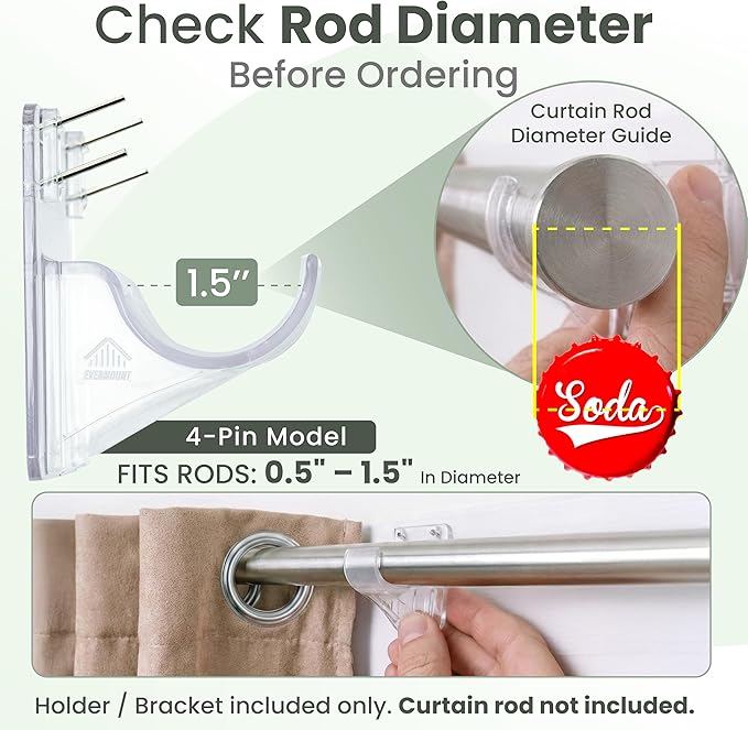 No Adhesive Heavy Duty Curtain Rod Holders with Wide Hook, 5X Stronger Than Adhesive Curtain Rod Hooks,Tension Curtain Rod Bracket for Wall with Pin Guide, Curtain Wall Mount (12 Pack, For 1.25" Rods)