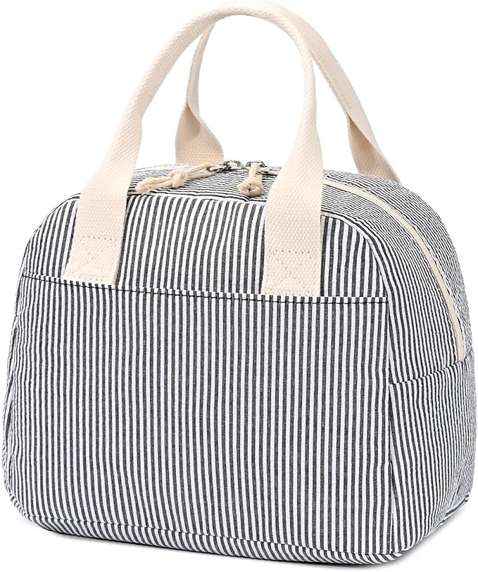 LOVELYWIND Insulated Lunch Bag for Women, Reusable BLack Striped Lunch Box Cooler Bag with Large Capacity, Durable Lunch Tote for Work