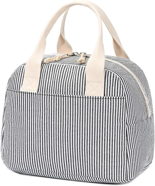 LOVELYWIND Insulated Lunch Bag for Women, Reusable BLack Striped Lunch Box Cooler Bag with Large Capacity, Durable Lunch Tote for Work
