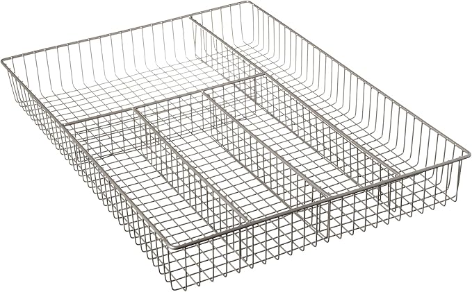 Spectrum Large Wire Silverware Drawer Organizer Satin Nickel 5 Compartment Grid Utensil Holder for Flatware Cutlery Drawer Organization, 11 In Wide Metal Wire Utensil Organized Divider Tray Drawer