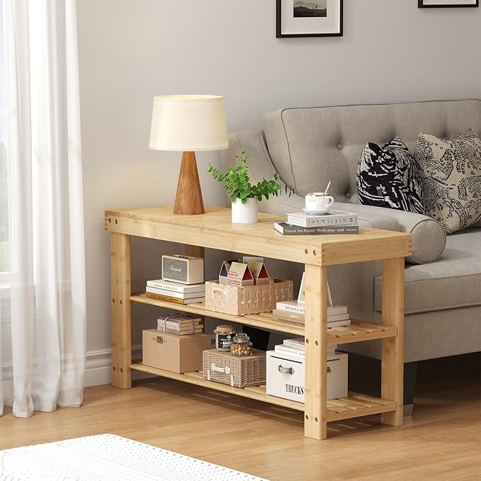 Sweetcrispy Shoe Rack Bench, 3-Tier Bamboo Entryway Storage Organizer, 286lb Capacity, Shoes Stand for FrontDoor Entrance, Bedroom, Living Room, Bathroom, Balcony, 35 Inches Length, Wood