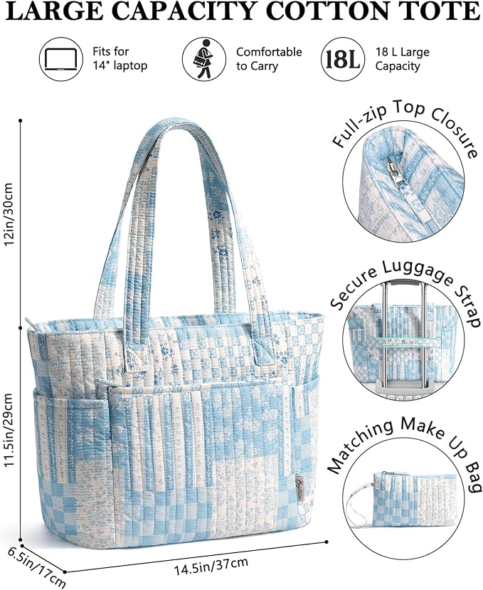Bagstellar Puffer Tote Bag for Women, Quilted Cotton Laptop Work Tote Shoulder Bag for College School, Teacher, Nurse, Travel | Top Full-zip Closure