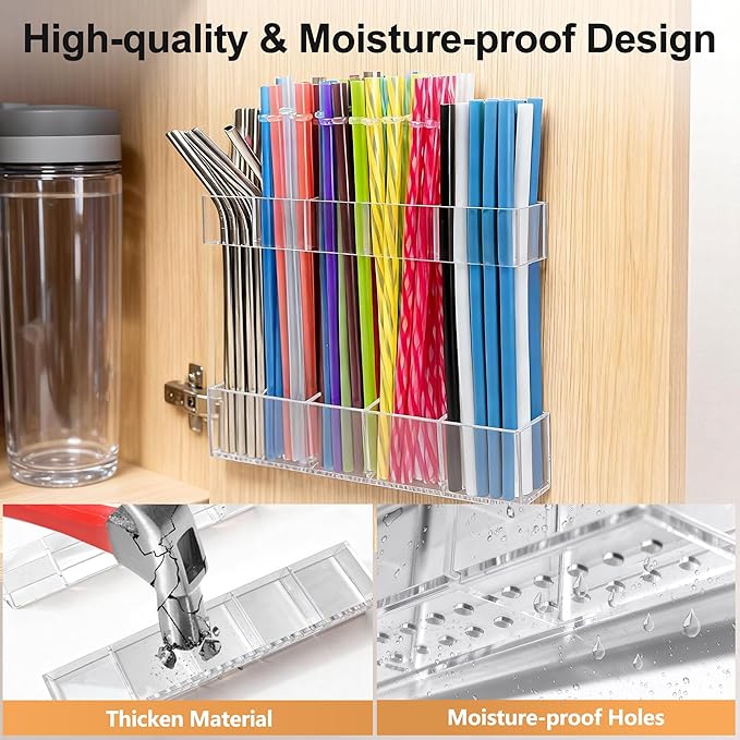 9.5” Large Acrylic Straw Holder for Cabinet Door, Reusable Adjustable Two-Part Straws Organizer with Ultra Sticky Adhesive Strips, 2026 Straw Storage for Kitchen Cupboard