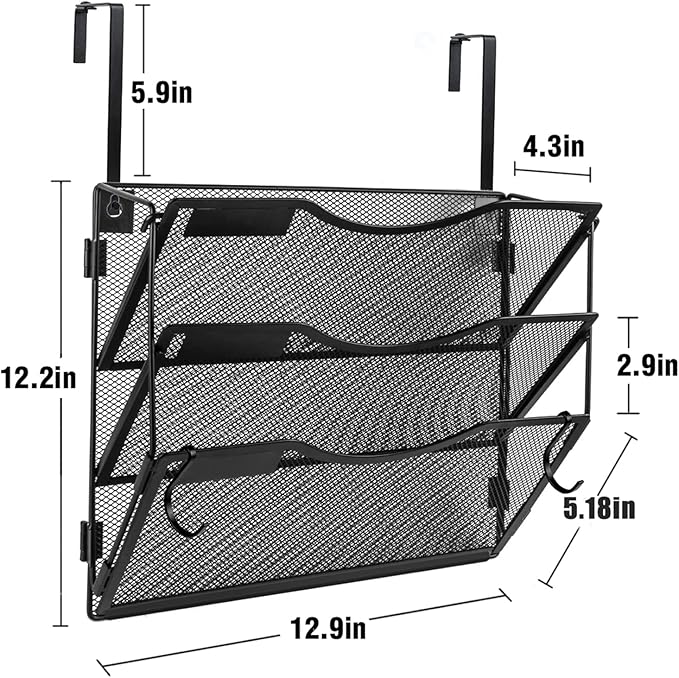 BOHDK Wall File Organizer 3 Pockets, Mail Organizer, Hanging Folder Holder, Foldable | Hanging or Wall Mounted | Label Panel | 2 Hooks | Office Home School Organizer, Black
