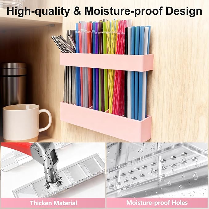 9.5” Large Acrylic Straw Holder for Cabinet Door, Reusable Adjustable Two-Part Straws Organizer with Ultra Sticky Adhesive Strips, 2026 Straw Storage for Kitchen Cupboard(Rose Stone)