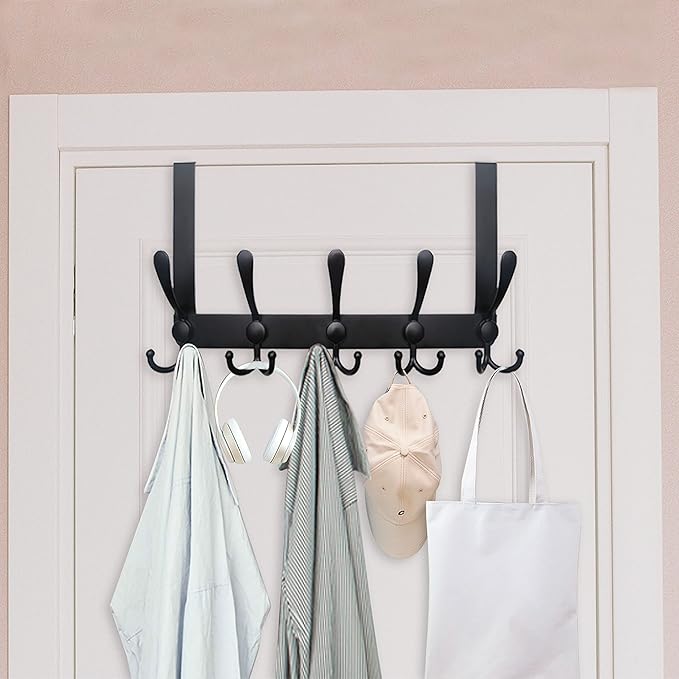 WEBI Over The Door Hook Door Hanger Hook Rack with 5 Tri Hooks for Hanging Coats, Door Towel Rack Door Coat Hanger Over Door Coat Rack for Behind Back of Bathroom,Black,2 Packs