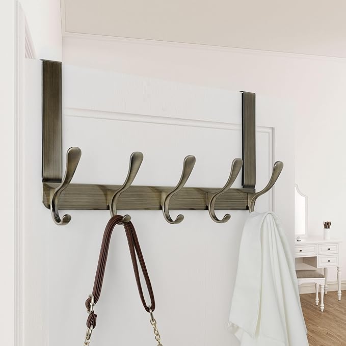WEBI Over The Door Hook 5 Coat Hooks,Over The Door Towel Rack,Door Hanger Over Door Coat Rack for Hanging Clothes,Towels,Back of Bathroom,Bronze,2 Packs