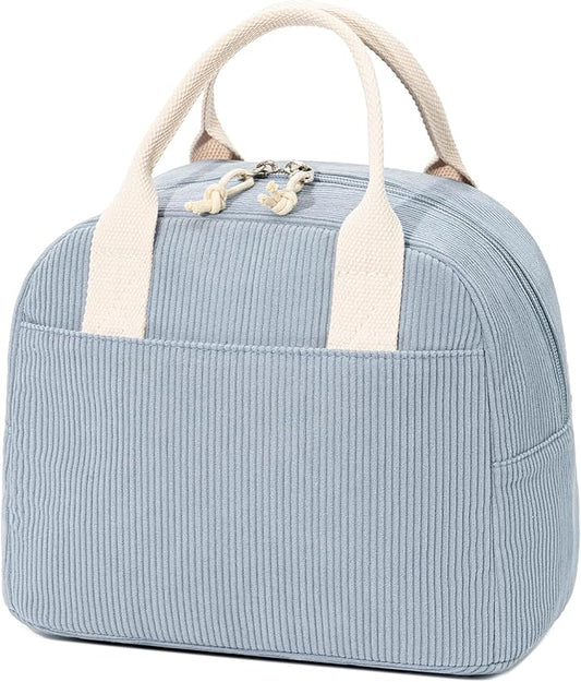 LOVELYWIND Insulated Lunch Bag for Women Men, Stylish Corduroy Tote Bag with Aluminum Lining, Large Capacity Reusable Cooler for Work, Travel, or Beach, Dusty Blue Lunch Box