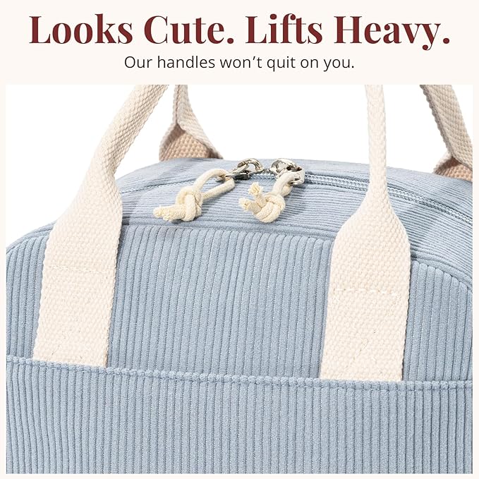 LOVELYWIND Insulated Lunch Bag for Women Men, Stylish Corduroy Tote Bag with Aluminum Lining, Large Capacity Reusable Cooler for Work, Travel, or Beach, Dusty Blue Lunch Box