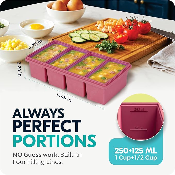 1 cup Silicone Freezer Trays with Lids, Soup Container Style Ice Cube Trays, Easily prepare portioned meals, Ideal for storing soups, pasta, sauces, and leftovers; dishwasher oven safe - 2-pack