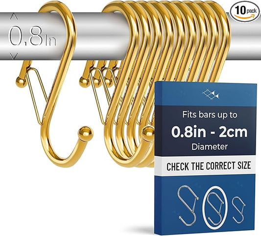 10-Pack Metal S Hooks for Hanging – Heavy-Duty S-Shaped Hooks with Safety Buckle – Fits Bars up to 0.8 in – Anti-Drop S-Hooks for Kitchen, Bathroom, Closet & Pot Racks – Gold (Medium)