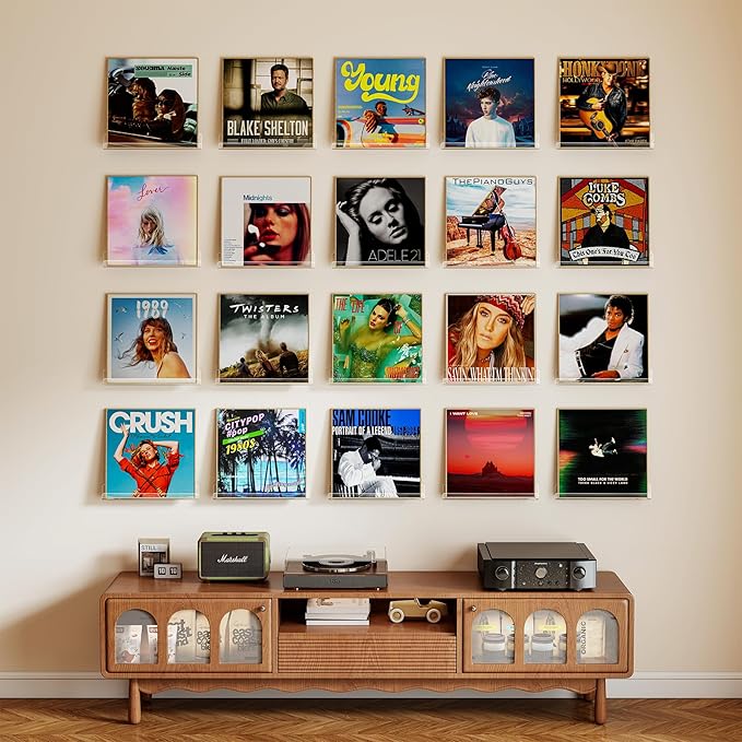 Laurensory 20 Pack Vinyl Record Shelf Wall Mount Shelves, 12 inch Clear Acrylic Vinyl Record Holder Display, Floating Shelves for Wall Decor, Magazine Rack, Kids Bookshelf, for Bedroom, Living Room