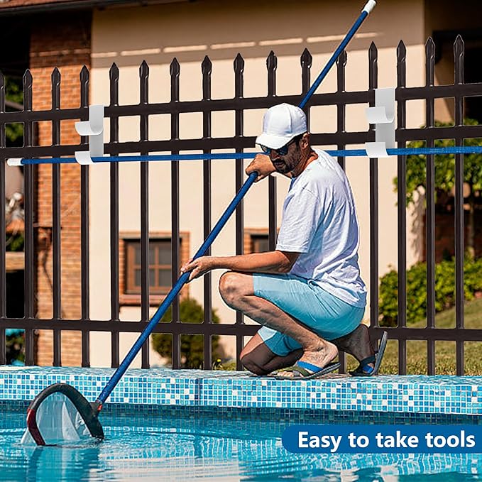 codree 2 PCS Pool Fence Hooks for Pool Equipment, White Heavy Duty Fence Hooks for Pool Poles, Slipe-on Fence Hanger for Pool Hose Pool Skimmer, Fit 3/4 Inch to 1-1/4 inch Railing