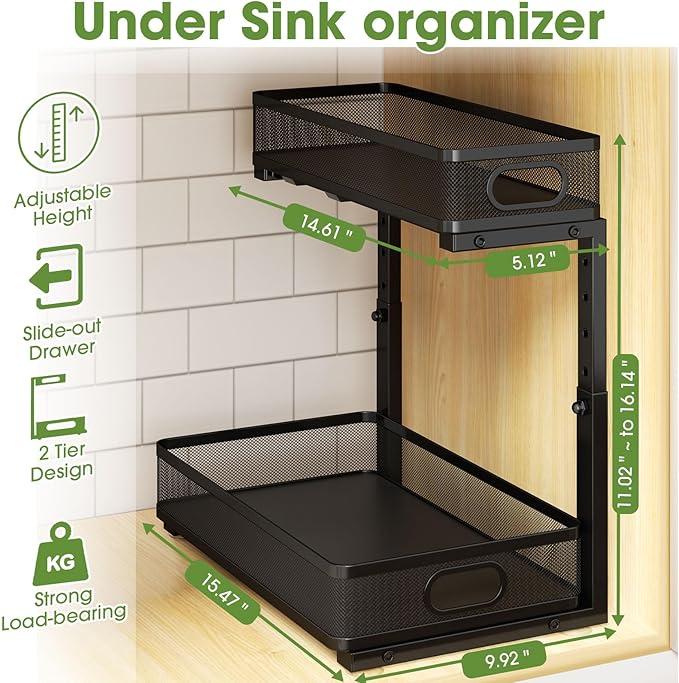 Under Sink Organizer 4-Pack, Metal 2-Tier Pull-Out Cabinet Shelf with Slide-Out Mesh Drawers, Height Adjustable, Space-Saving Under Sink Storage Racks for Kitchen, Bathroom, Laundry Room