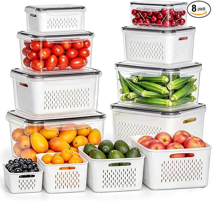 HOMETALL 8 Pack Fruit Storage Containers for Fridge with Strainer, BPA Free Fruit Cleaning Bowl Fridge Organizer, Plastic Fresh Keeper Set Refrigerator Organizer for Salad Berry Produce