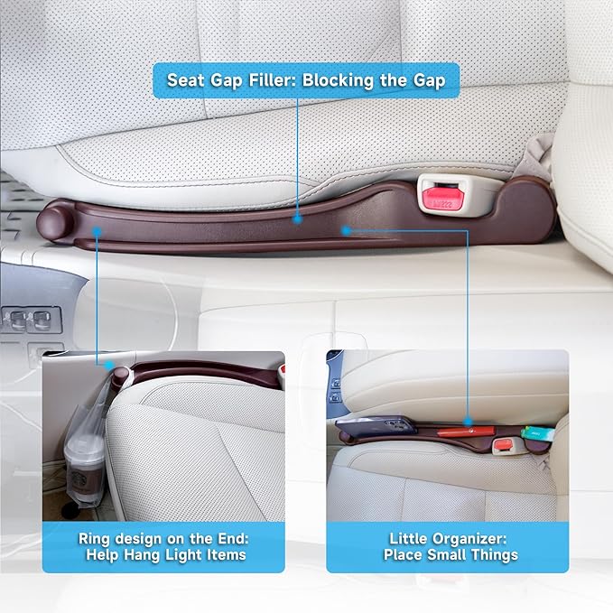 Car Seat Gap Filler Set of 2, 3IN1 Seat Side Gap Filler Plug with Storage Slot & Hook Function, Soft Foam Universal Fit Car SUV Truck Fill Gap Between Seats Console Organizer（Narrow Espresso brown）