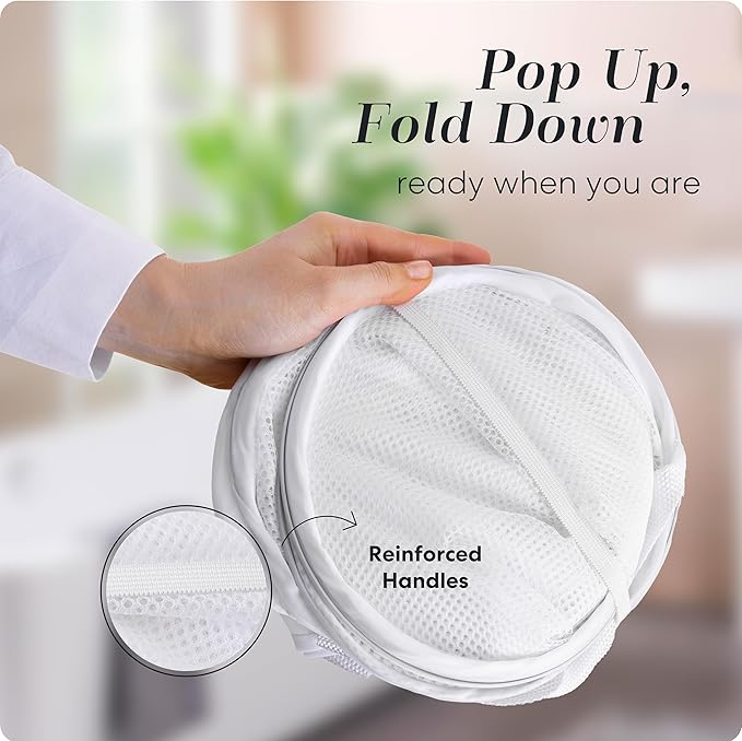 Handy Laundry Collapsible Laundry Basket, 2-Compartment Mesh Hamper – Foldable, Space-Saving, Lightweight & Durable with Handles for Dorm, Travel, Laundry Room, Apartment – White
