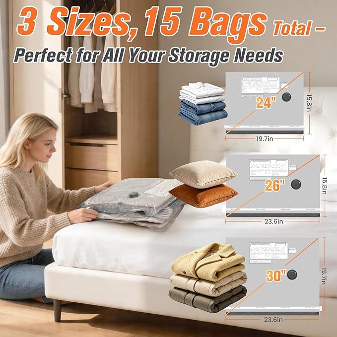 15 Pack Vacuum Storage Bags for Travel with Rechargeable Cordless Pump, Space Saver Bags for Clothes, Compression Packing Bags for Luggage and Suitcase, 15 Combo Size