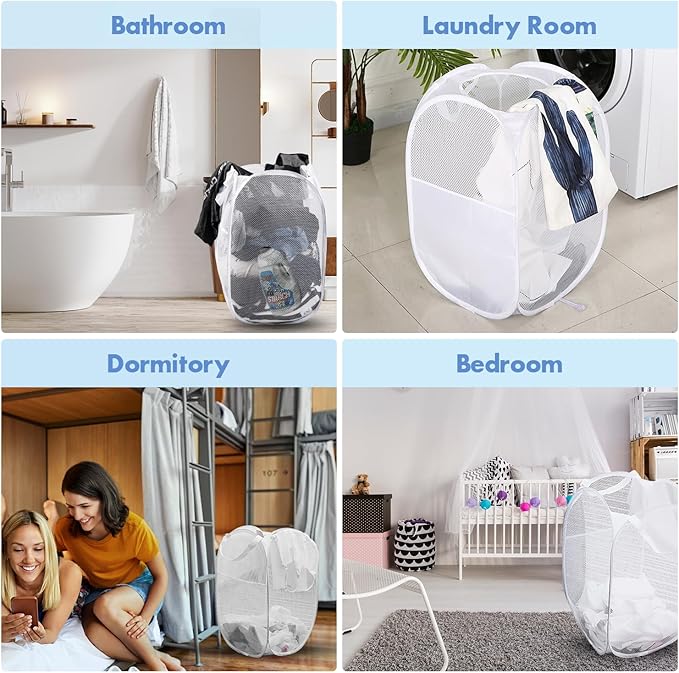 DUCOO Pop Up Laundry Hamper, 70L Collapsible Mesh Laundry Basket with Side Pocket, Foldable Dirty Clothes Hamper with Sturdy Reinforced Handles for Home Dorm Bedroom Travel Bathroom Storage, White