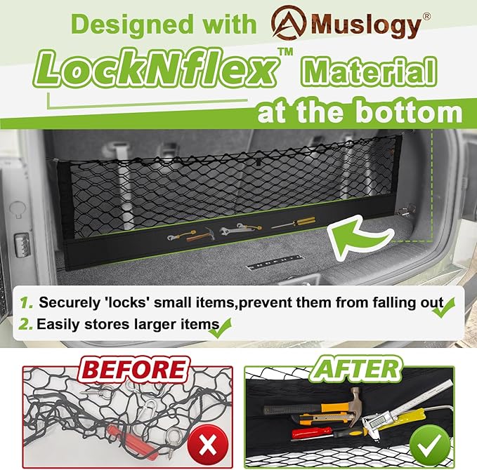 Muslogy Truck Bed Cargo Net Trunk Netting Compatible with 2018-2024 Chevy Equinox | GMC Terrain Accessories, Pickup Cargo Organizer SUV Sedan Storage Net w/Heavy Duty Carabiners