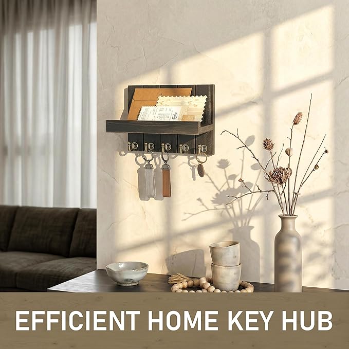 Rebee Vision Pine Wood Key Holder Wall Mount with Floating Shelf – Farmhouse Key Holder for Wall to Maximize Storage Solutions – Mail Organizer for Office Decor (3.54" x 10" x 7.28", Distressed Black)
