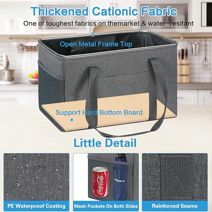 LHZK Standing Utility Tote Bag with Metal Wire Frame and the Sides Rinforced, Large Tote Bag with Handle, Reusable Grocery Bags Foldable, Beach Bag, Car Tote (Grey, 18.5''x11.8''x11.5'') | Metal Wire Frame