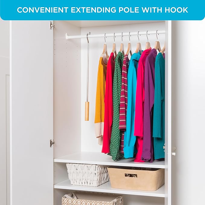Closet Reacher Pole with Hook and Wooden Handle, Heavy Duty - Adjustable 2.75-5 Feet, Chrome Plated Steel Clothing Hanger Shepherds Hook to Easily Reach Clothes etc - Perfect for College Dorm