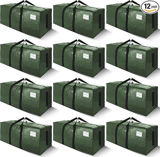 SWEET DOLPHIN 12 Pack 200LB Heavy-Duty Moving Bags with Wrap-Around Handles, Extra Large Storage Totes for Space Saving, Clothes Storage Bags, College Dorm Essentials, Green, 24 Gal