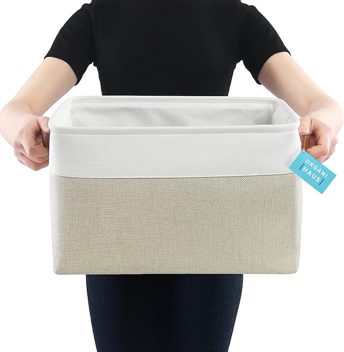 OrganiHaus Extra Large Fabric Storage Baskets for Shelves 3 Pack, 16x13in Closet Storage Bins, Canvas Baskets for Organizing, Linen Closet Organizers, Cloth Basket, Beige/Off-White